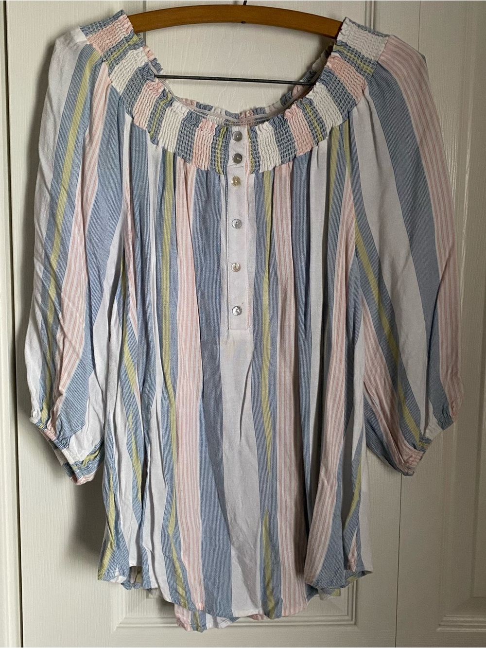 Off The Shoulder Pastel Stripes Lightweight Cotton Blouse L Peasant Boho Summer